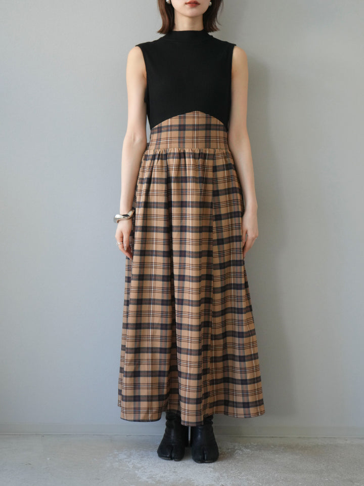 [予約]テレコ×チェックドッキングノースリワンピース/ブラック×ベージュ