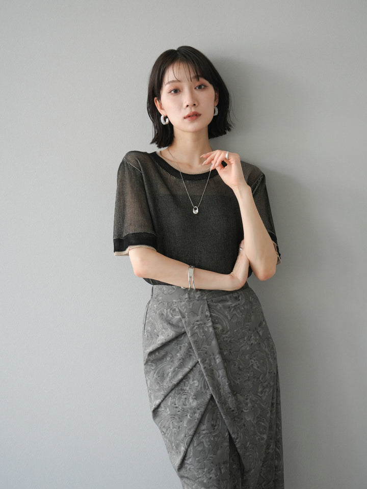 [SET]リネンタッチ配色二重臼ハーフニットトップス+選べるアソート柄スカートセット(2set)