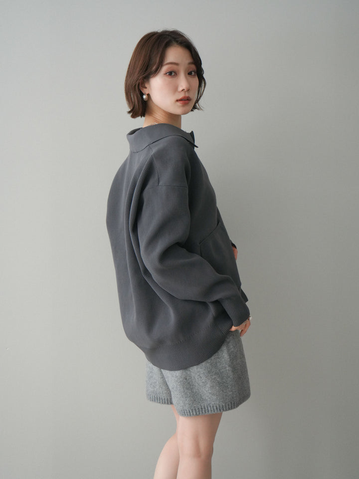 [予約]メタルボタン襟付きポリエステルニットカーディガン/charcoal