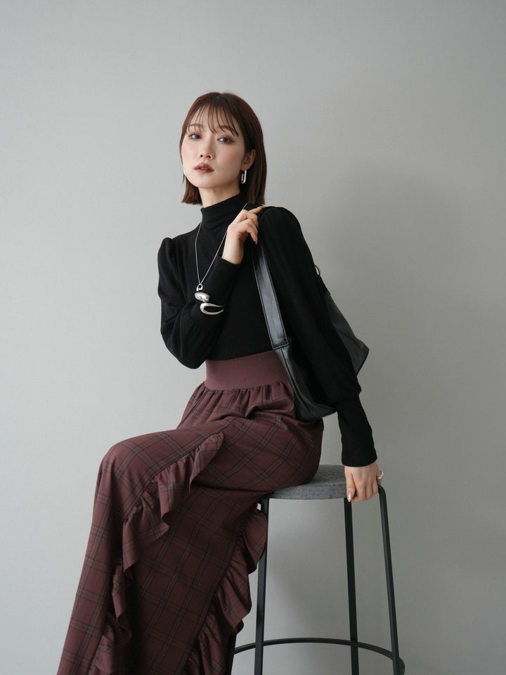[SET]プチネックパワーショルダー起毛トップス+チェック柄フリルハイウエストマキシスカート(2set)