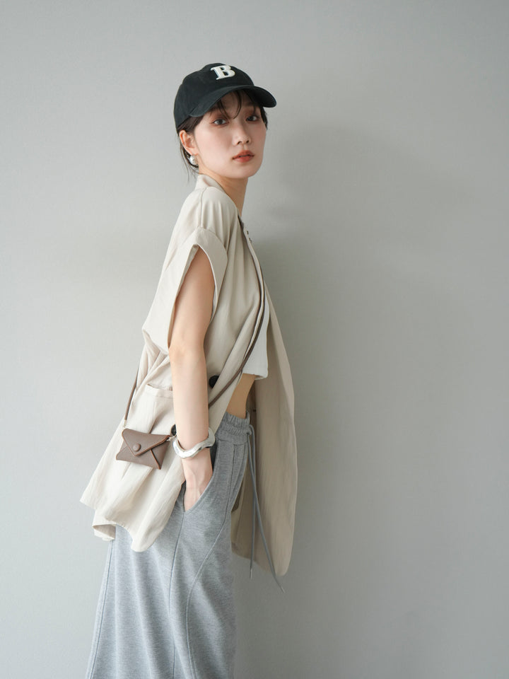 [SET]リネンライクノースリーブダブルジレ+ウェーブパイピングカップ付ベアキャミソール(2set)