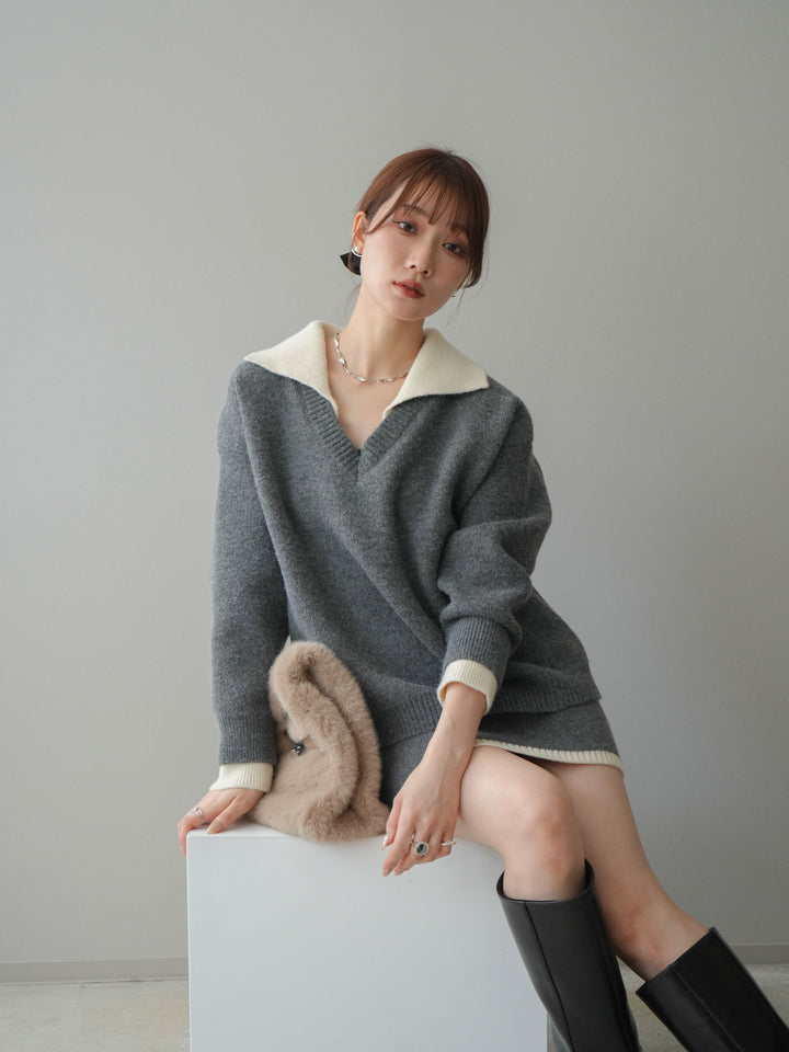 [SET]配色襟ニット＆ミニスカートSET UP(2set)