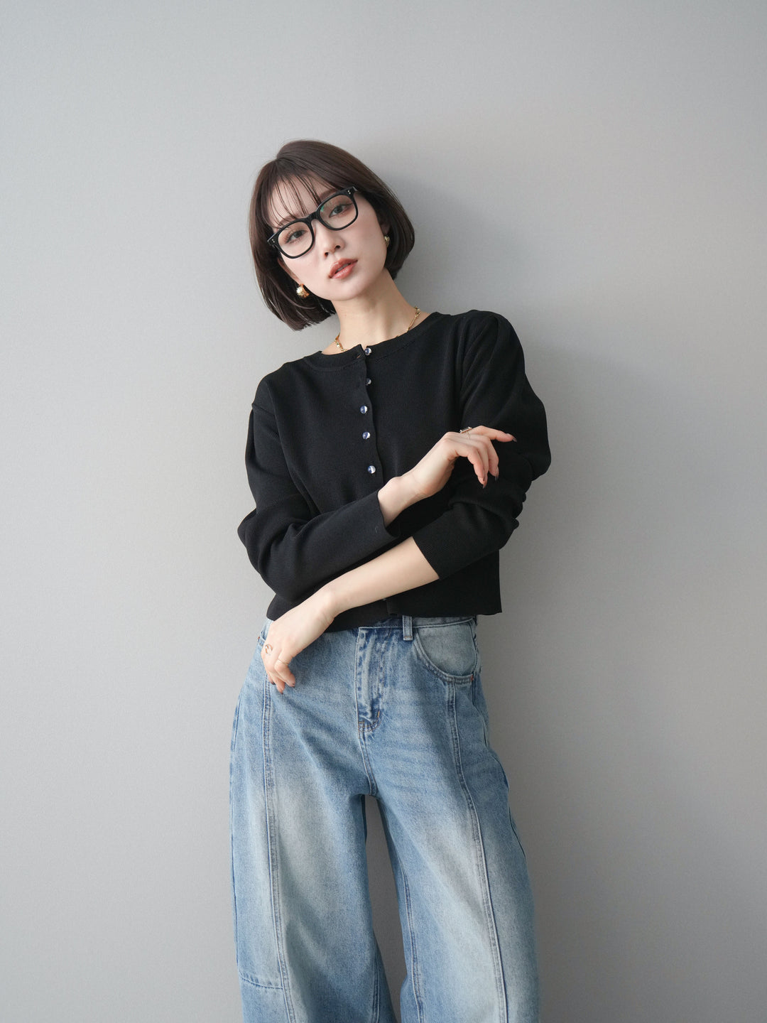 [予約]クリアボタンタックニットカーディガン/black