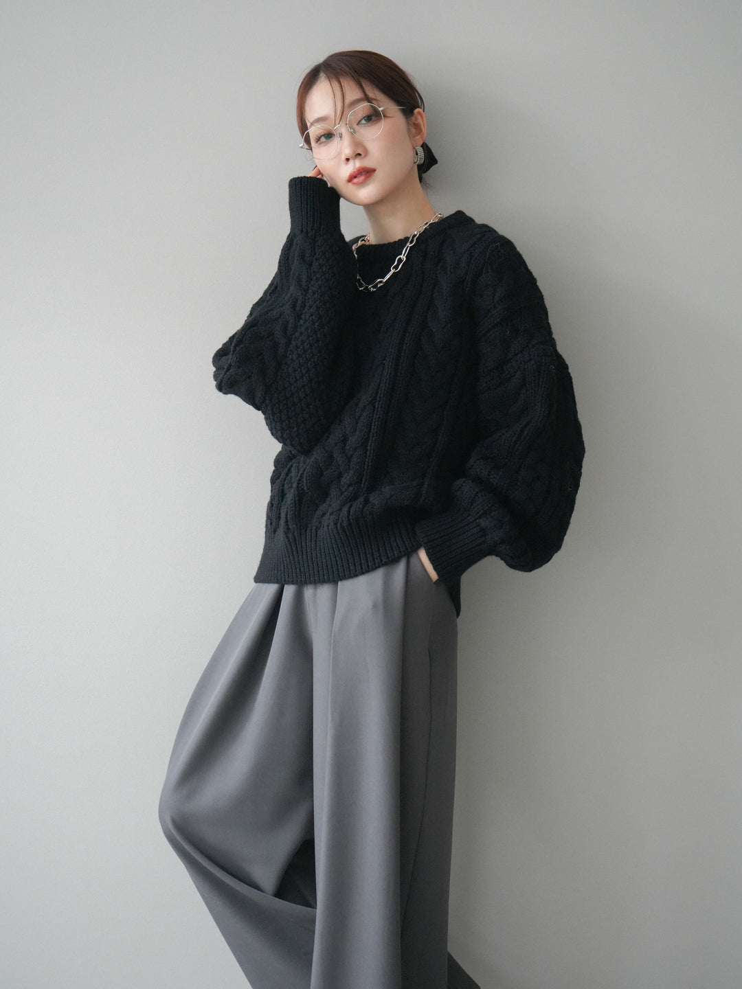 [予約]ボリュームケーブルニットプルオーバー/black