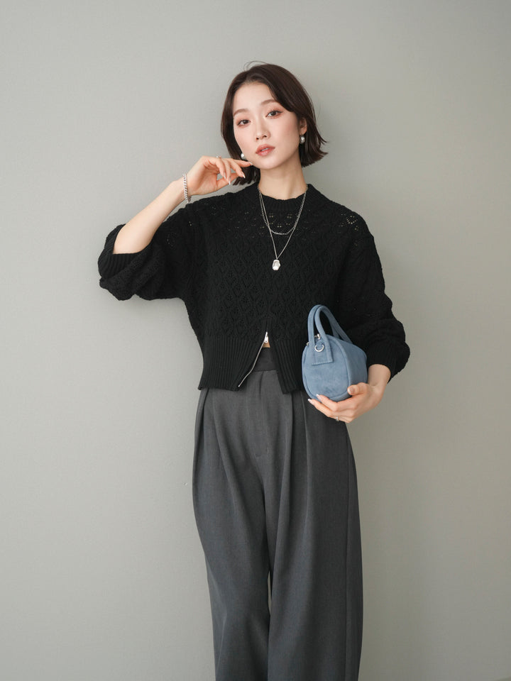 [予約]透かし編みフロントジップスリットニットプルオーバー/black
