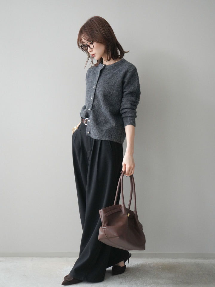 [予約]アニマル柄ベルト付きウールタッチワイドパンツ/black