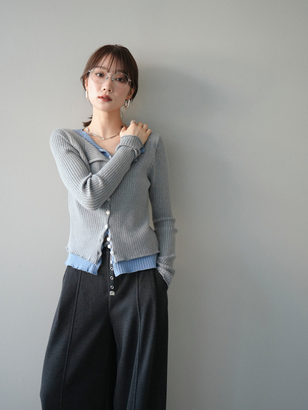 [予約]配色レイヤードリブニットカーディガン/gray