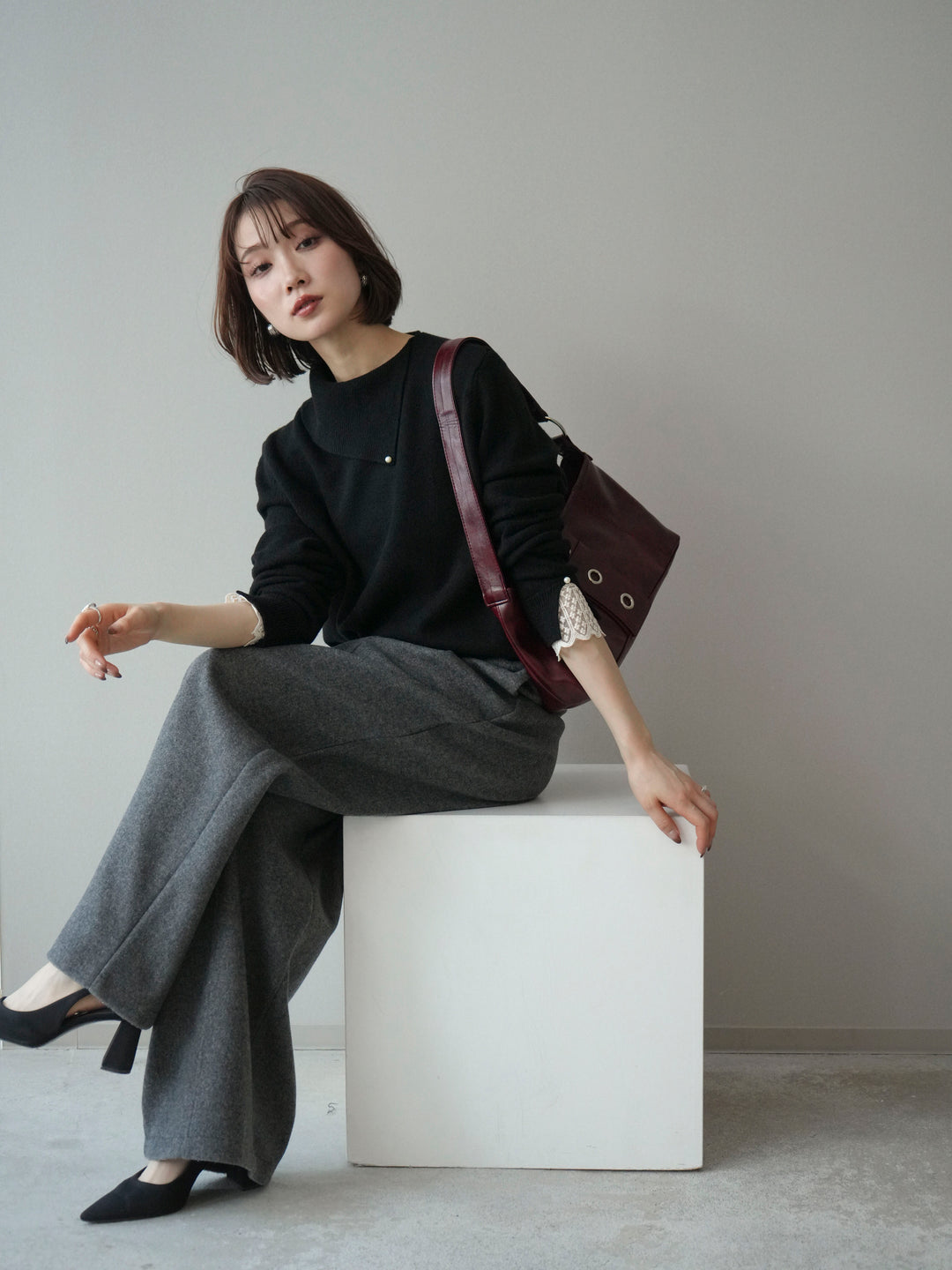 [SET]袖レースパール付き配色ニットトップス+ウールタッチカーブパンツ(2set)