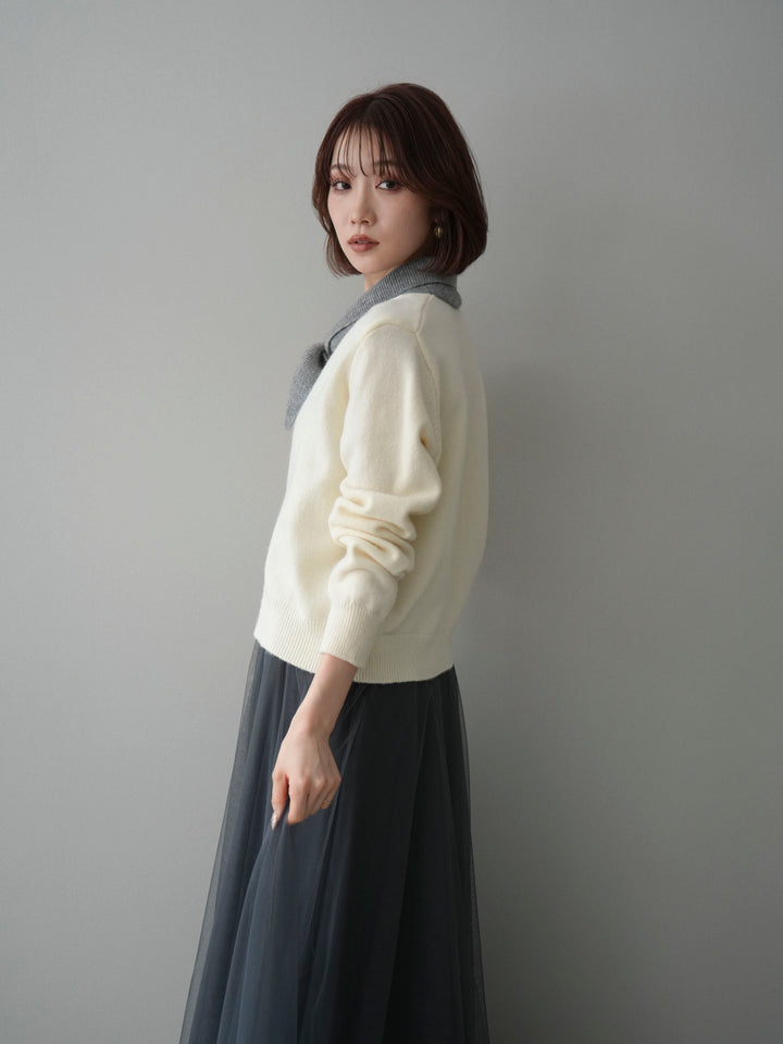 [予約]デザイン襟ニットカーディガン/white