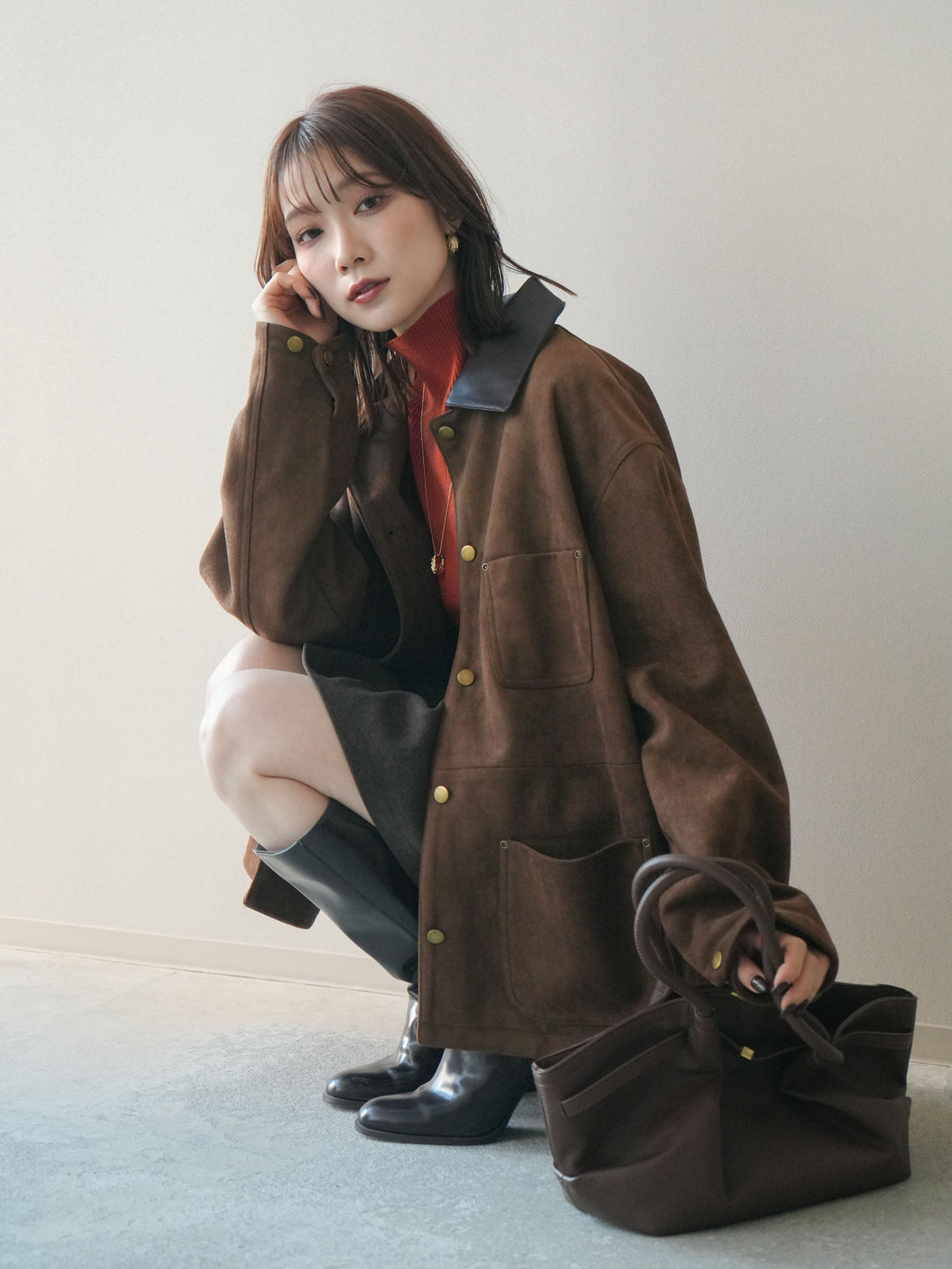 [SET]襟レザーステンカラースエードジャケット+選べるアクセセット(2set)