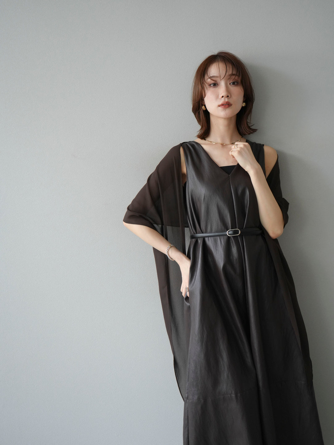 [予約]レザーAラインワンピース/ブラウン