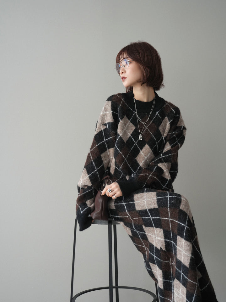 [SET]アーガイルニットプルオーバー&ロングスカートSET UP(2set)