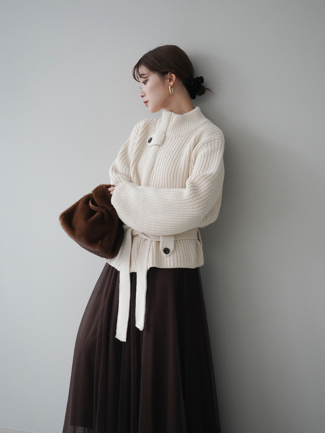 [予約]畦編みボトルネックZIPニットカーディガン/white