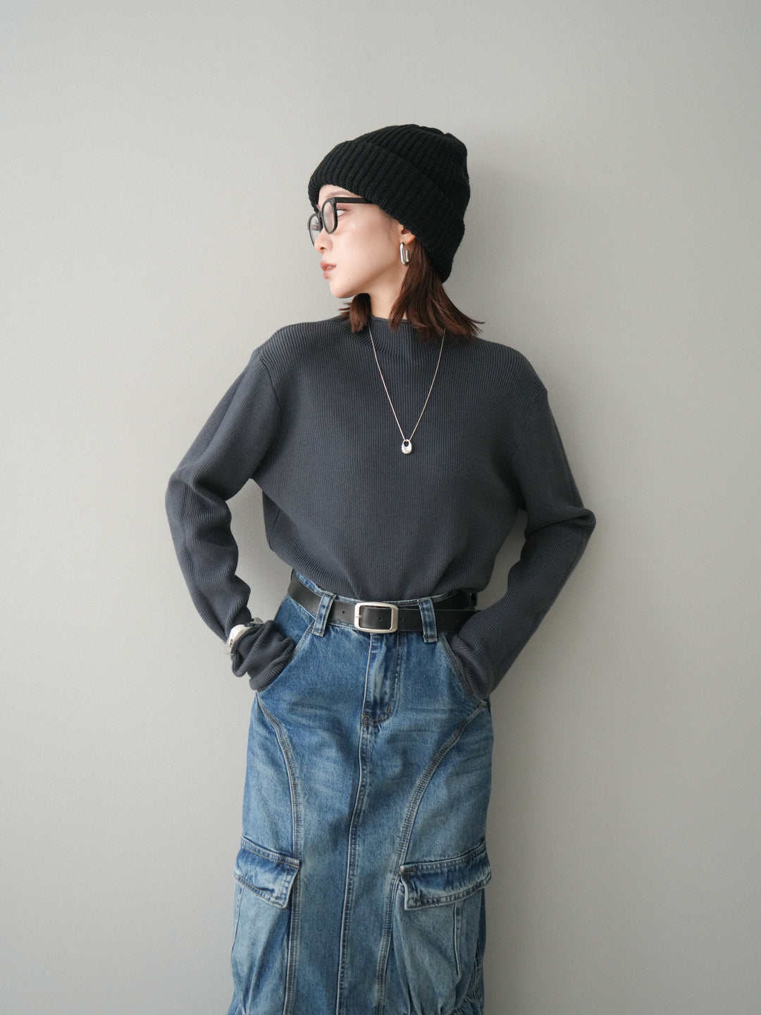 [SET]ボトルネック裾カールリブニットトップス+ボトルネック裾カールリブニットトップス(2set)