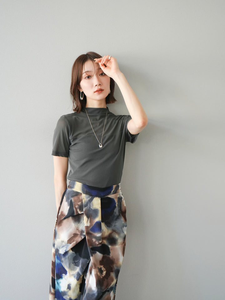 [SET] 透視半袖上衣 + 水彩印花褶襉I字裙 (2set)