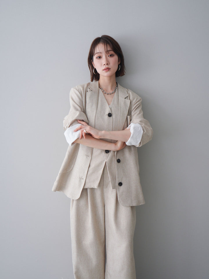 [SET]リネンライクテーラードジャケット+リネンライクバックオープンジレ+リネンライクタックワイドパンツ(3set)