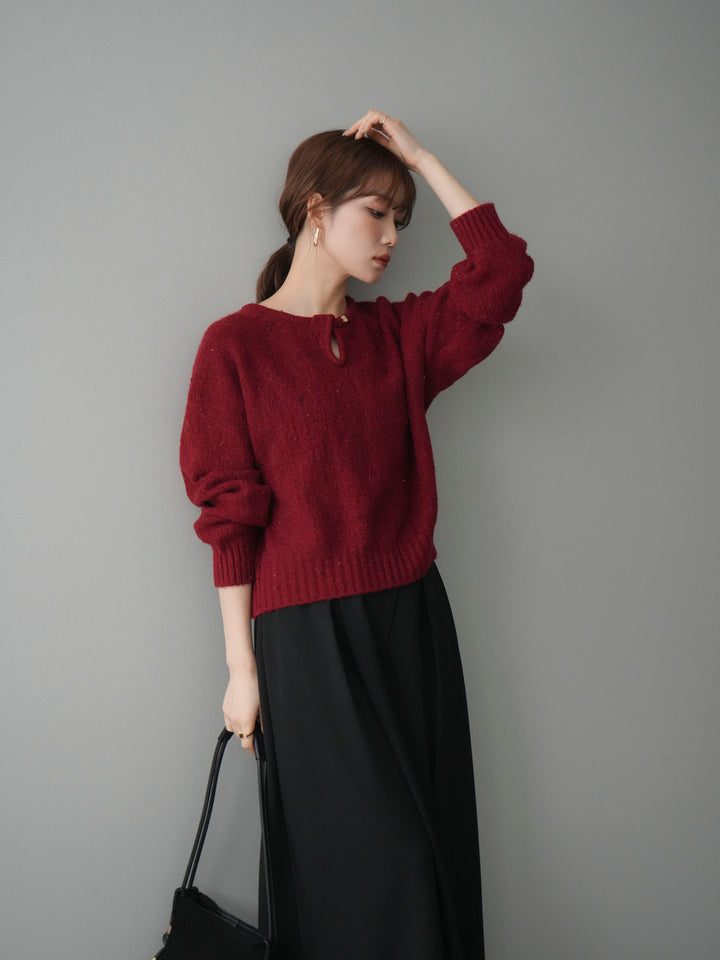 [予約]ツイストネックラメネップヤーンニットプルオーバー/red