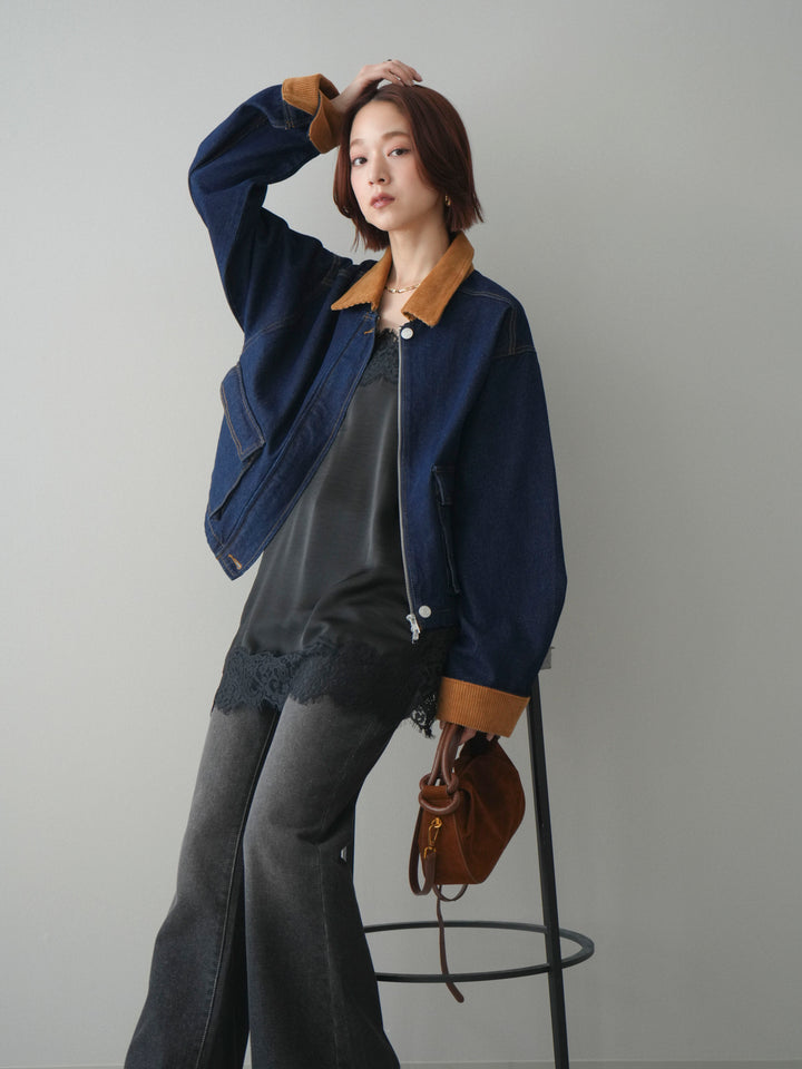 [予約]コーデュロイ×デニムショートカバーオール/indigo