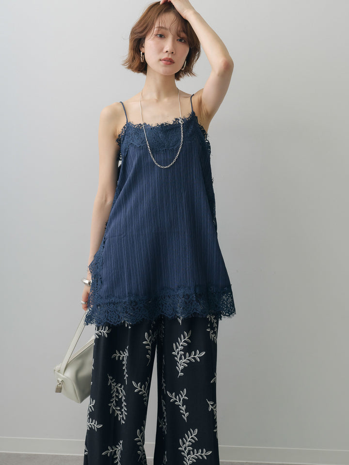 [予約]ワッシャーテクスチャーレーストリムキャミソール/navy