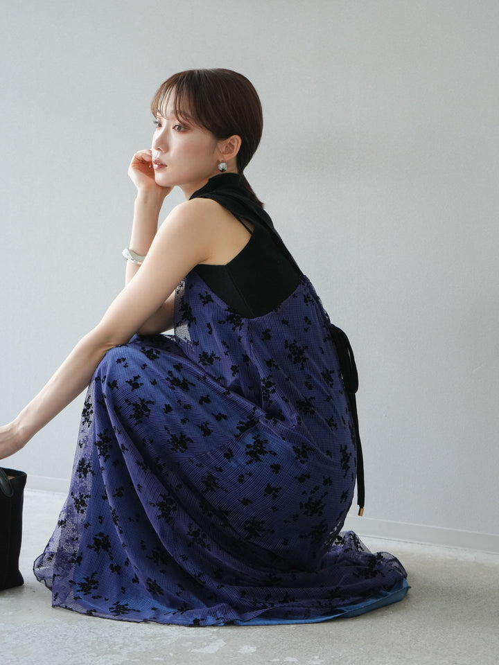 [SET]フロッキーチュールレイヤードベロアキャミワンピース+プチネックセンターシームノースリーニットトップス(2set)