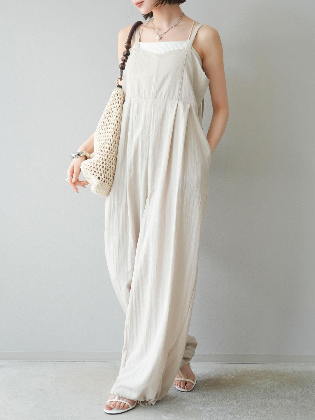 [SET]リネンライクビスチェデザインサロペット+ダブルストラップカットリブブラキャミソール(2set)