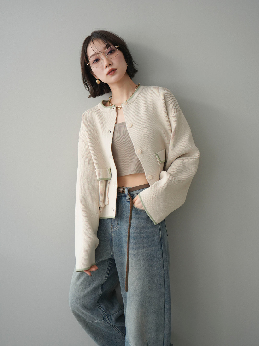 [SET]ポリエステル配色ニットカーディガン+選べるアクセセット(2set)