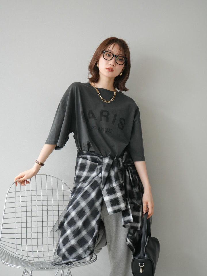 [SET]ピグメントロゴプリントTシャツ+2WAYデザインスウェットパンツ+チュールドッキングチェック柄オーバーサイズシャツ(3set)