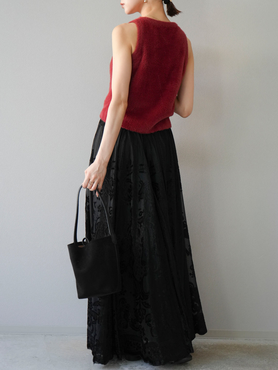 [予約]アンティーク柄フロッキーマキシスカート/ブラック