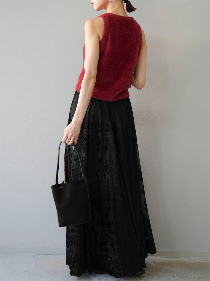 [予約]アンティーク柄フロッキーマキシスカート/ブラック