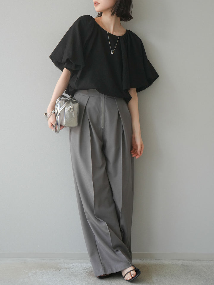 [SET] 燈籠袖褶襉設計上衣 + 拉鍊褶襉寬褲 (2 套)