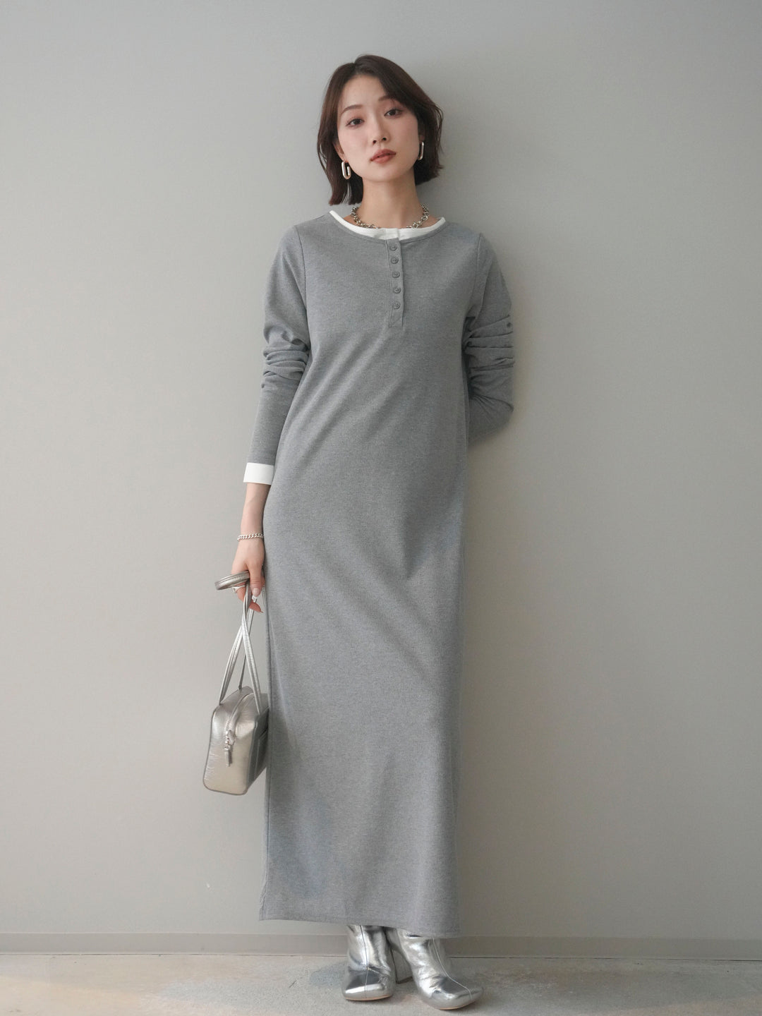 [予約]配色レイヤードヘンリーネックカットリブワンピース/mokugray