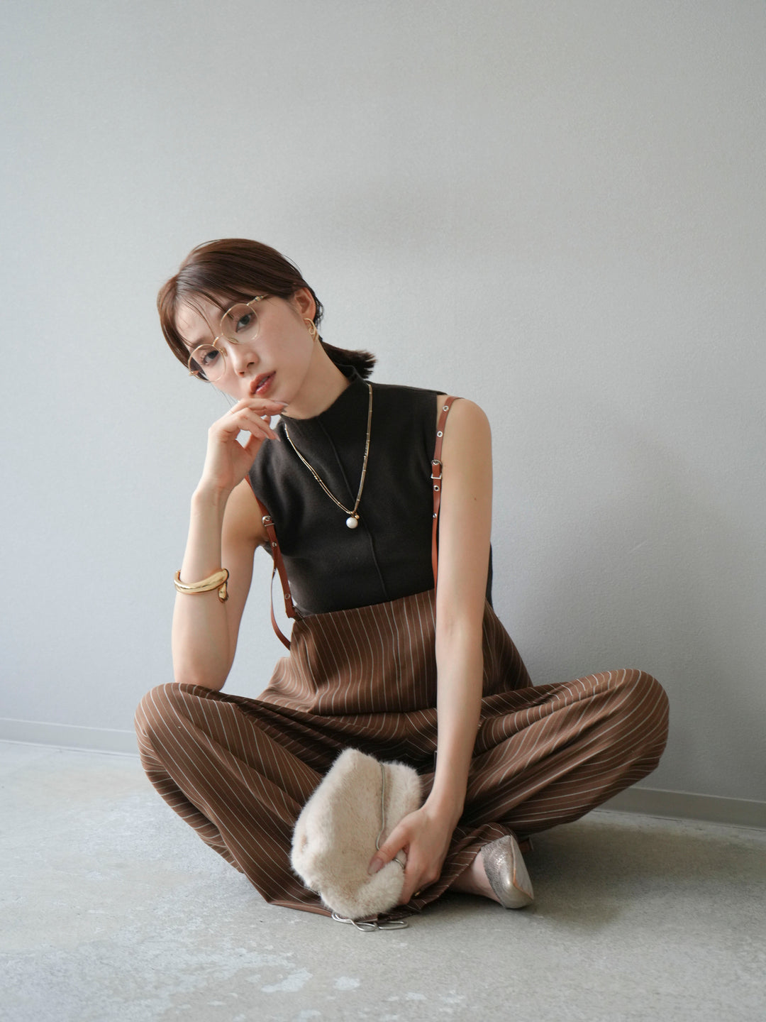 [予約]ヘリンボーンストライプサロペット/ブラウン