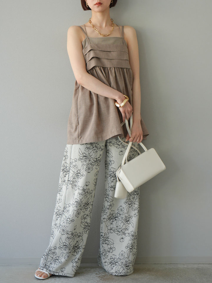 【預購】花朵提花牛仔寬褲/黑