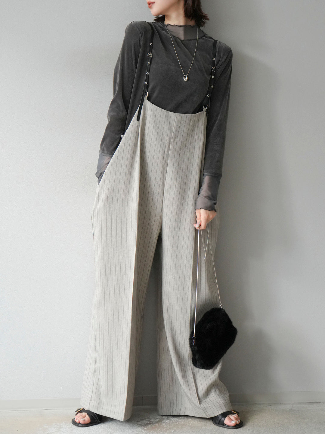 【着回しセット】[SET]ヘリンボーンストライプジレ+シアー切替ベロアトップス+ヘリンボーンストライプサロペット(3set)