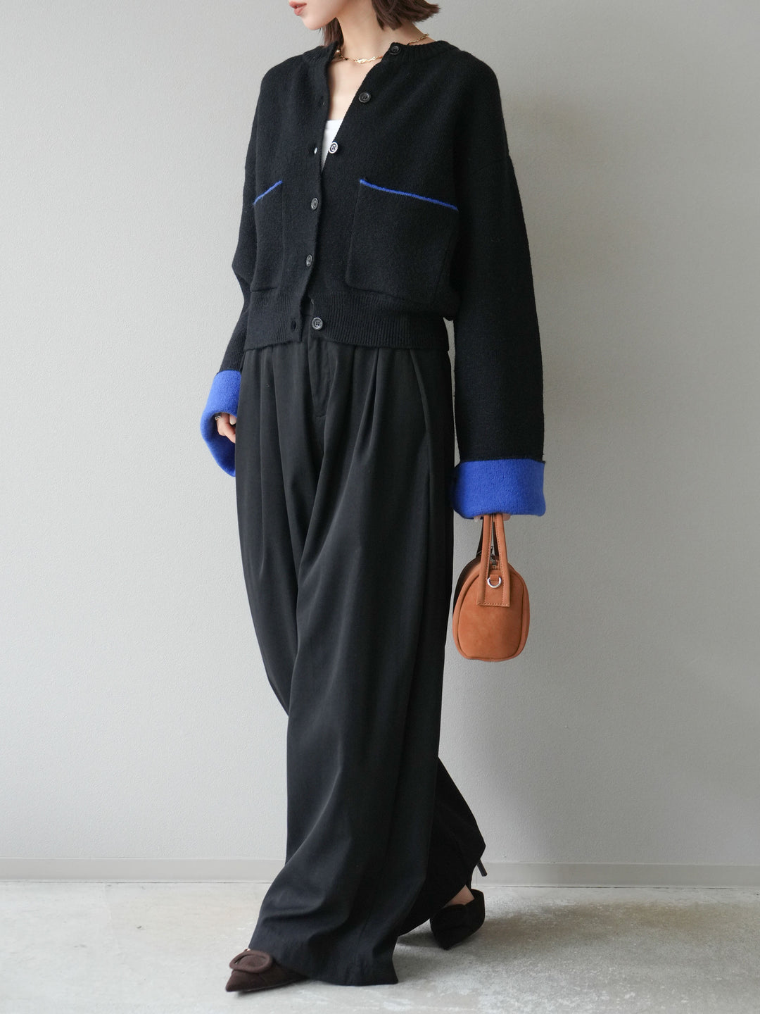 【SET】雙色針織開襟衫+褶襉設計寬褲（2套）