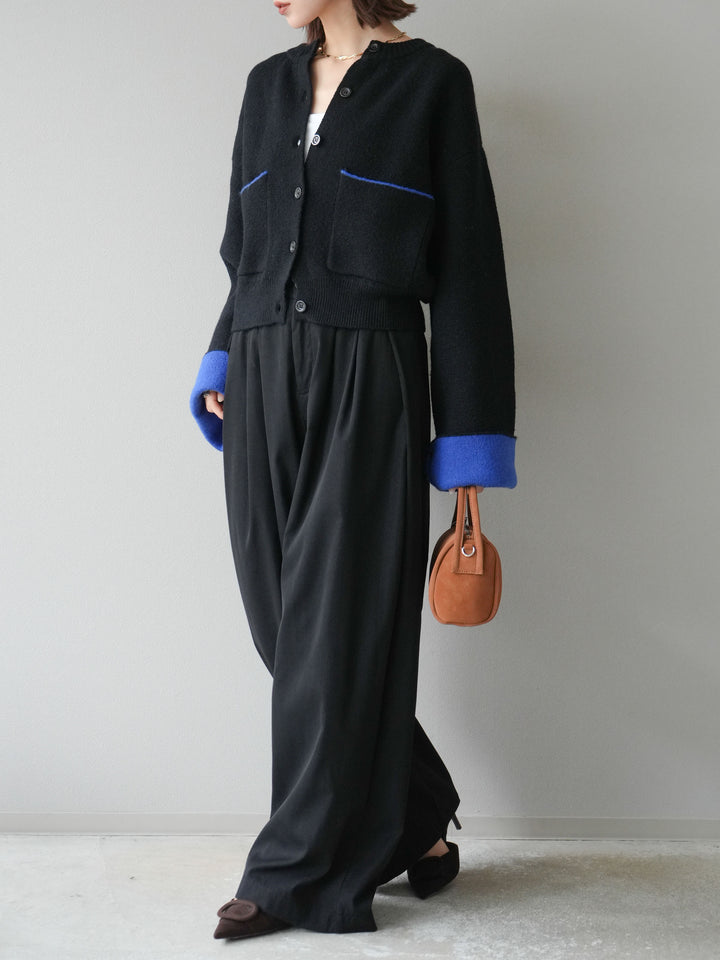 【SET】雙色針織開襟衫+褶襉設計寬褲（2套）
