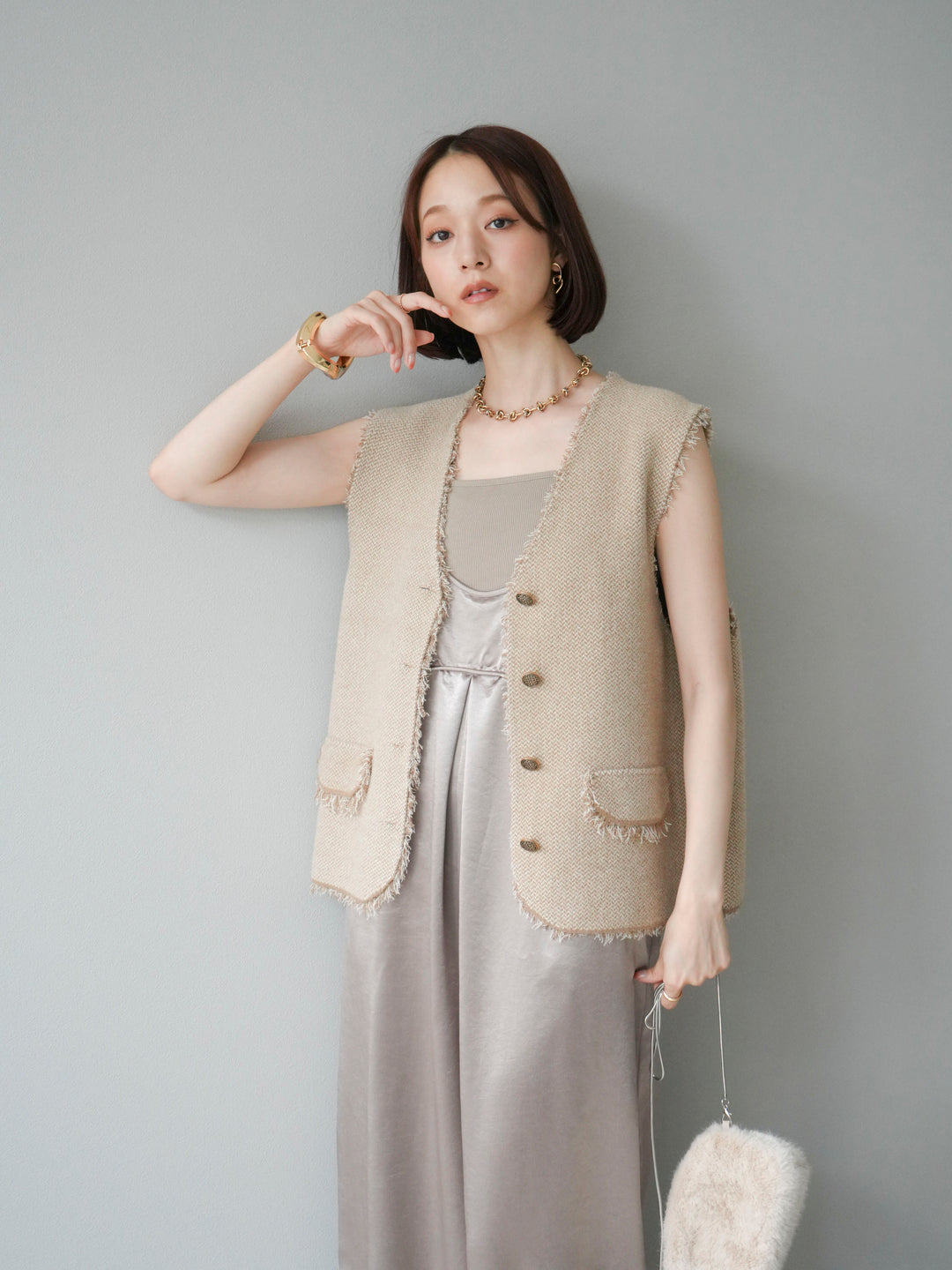 [予約]サテンビスチェオールインワン/グレージュ