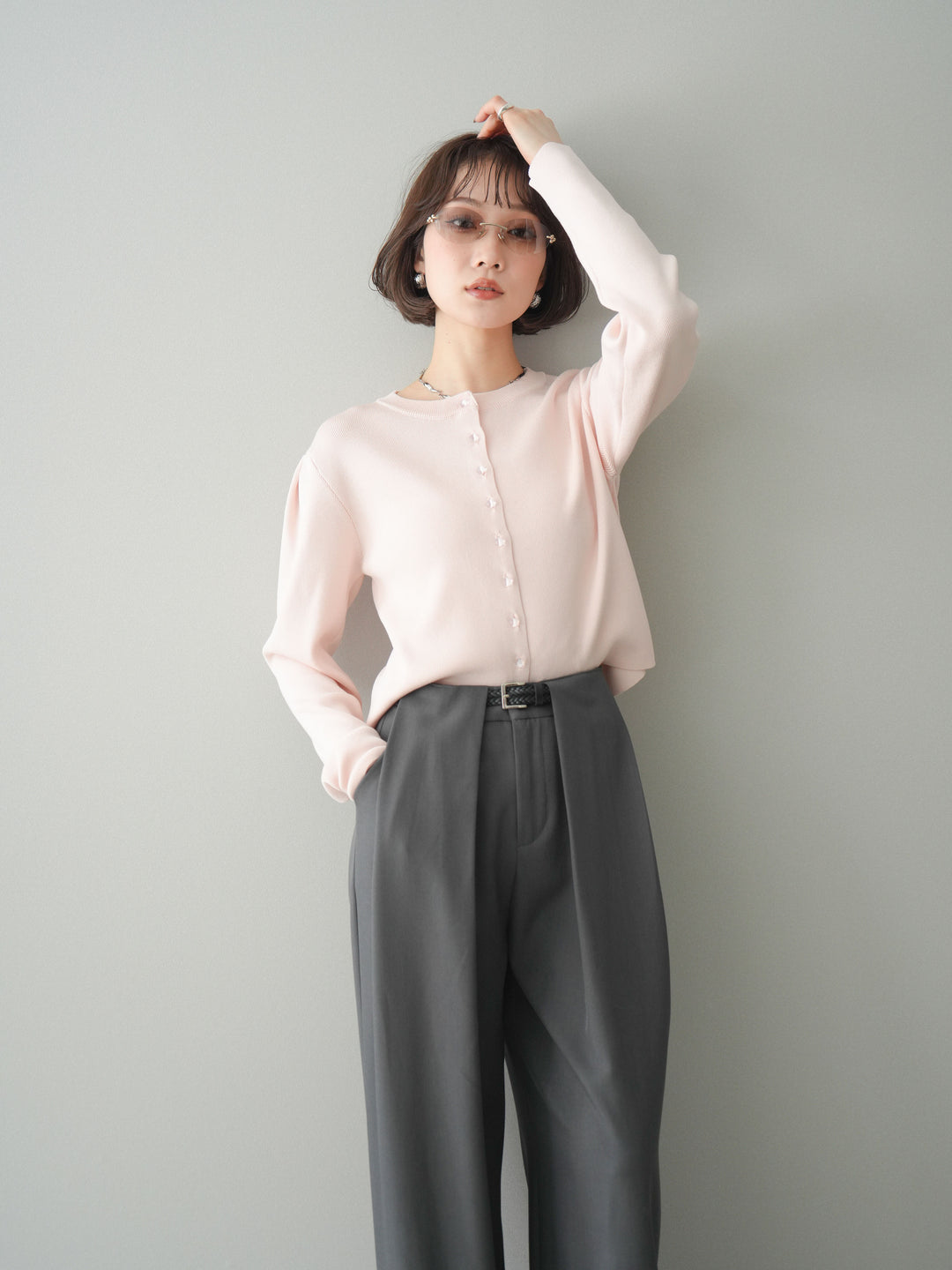 [予約]クリアボタンタックニットカーディガン/pink