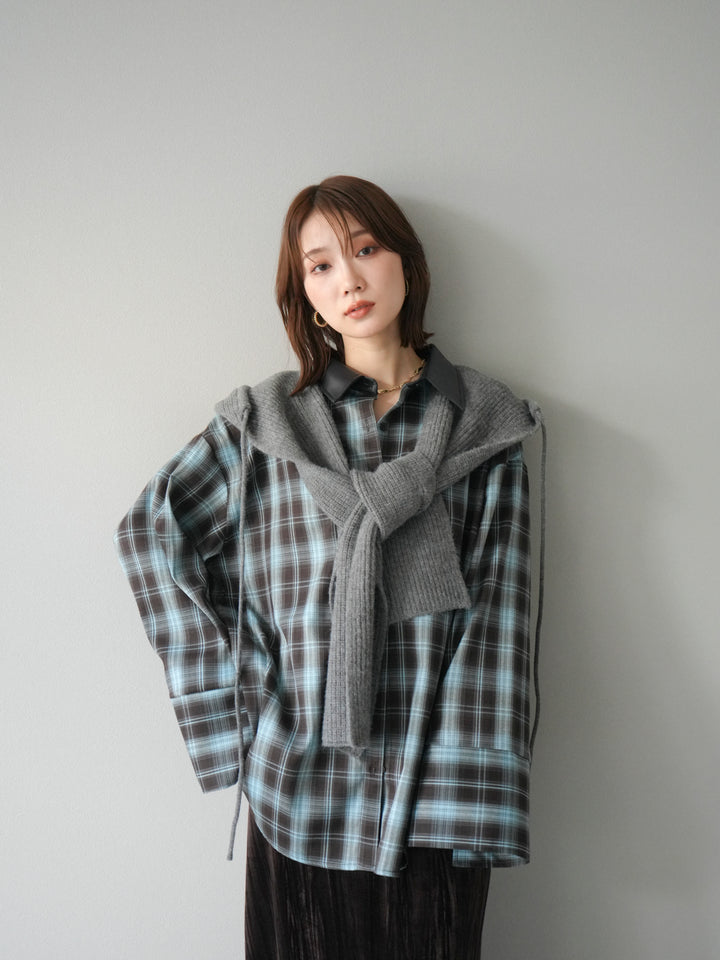 [SET]レザー襟オンブレチェックオーバーシャツ +クラッシュベロアナロースカート(2set)