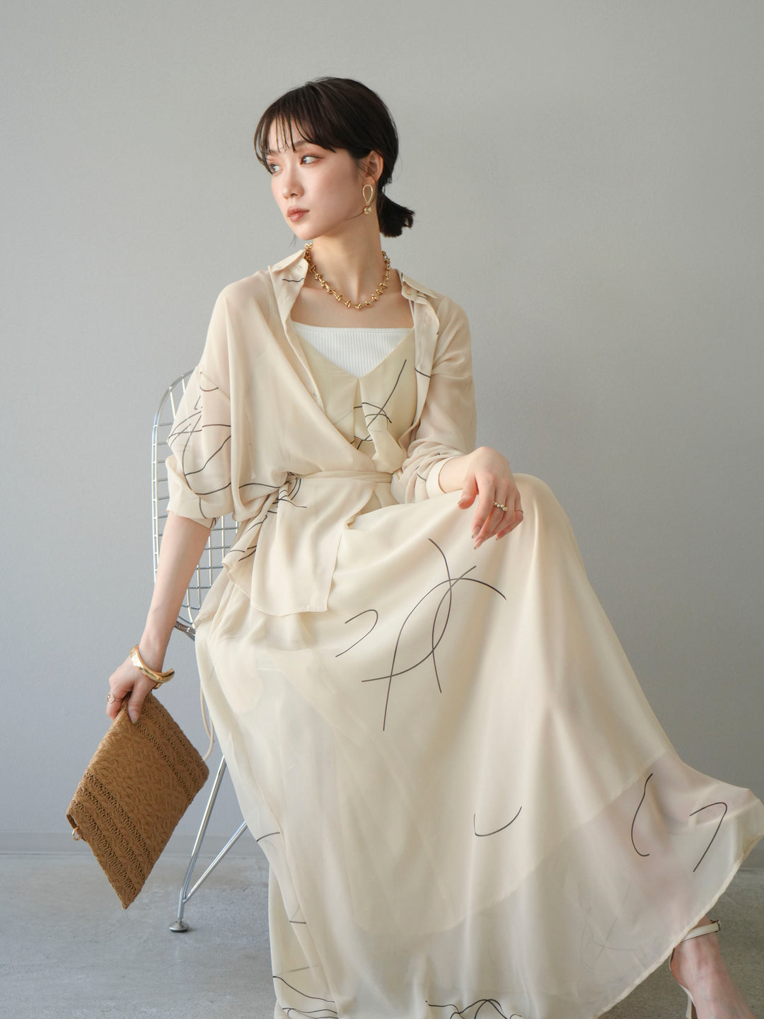 [SET]ペンタッチシフォンキャミワンピース+ペンタッチシフォンシャツ(2set)