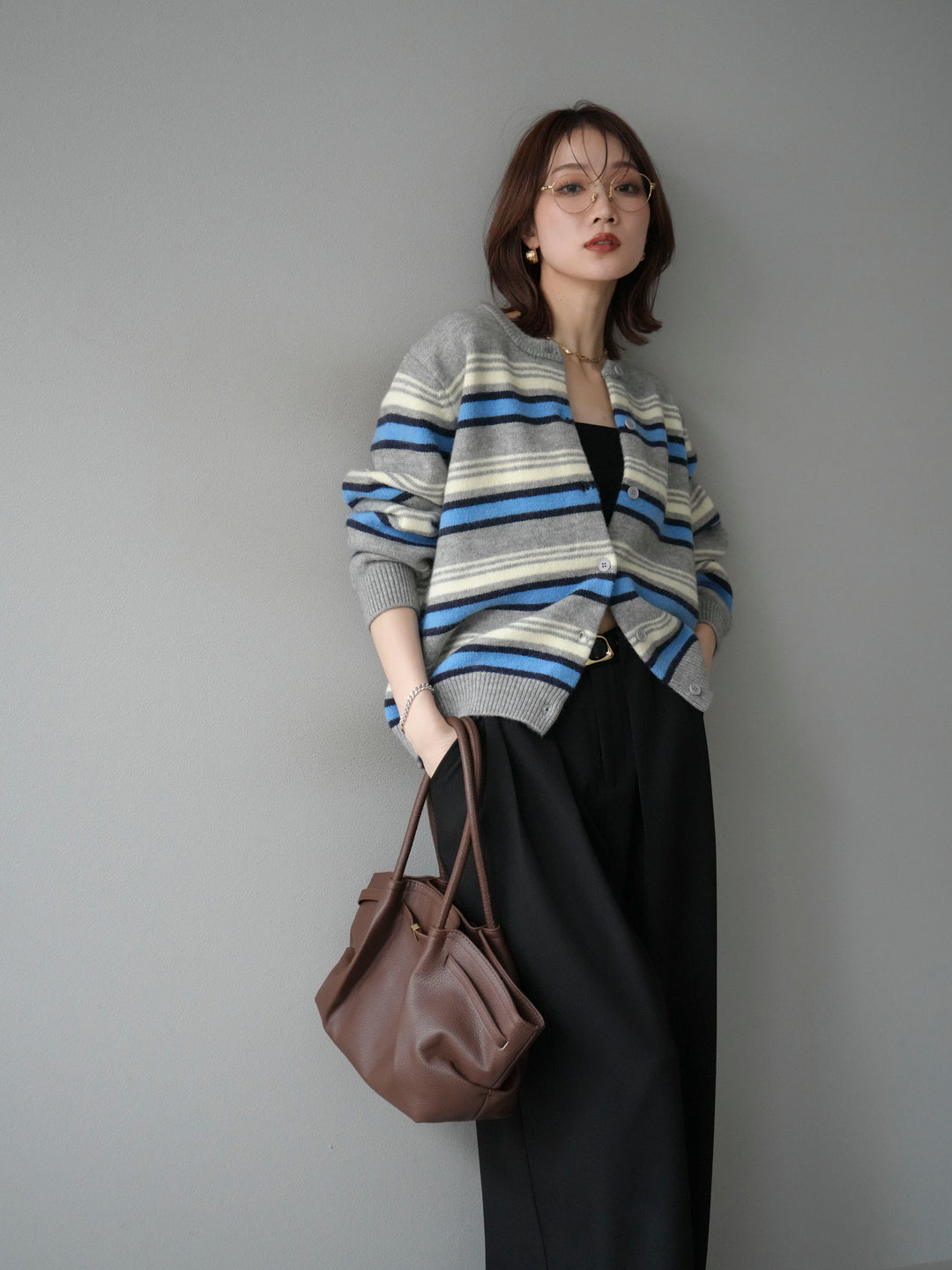 [SET]マルチボーダーニットカーディガン+ベルトループデザインワイドパンツ(2set)