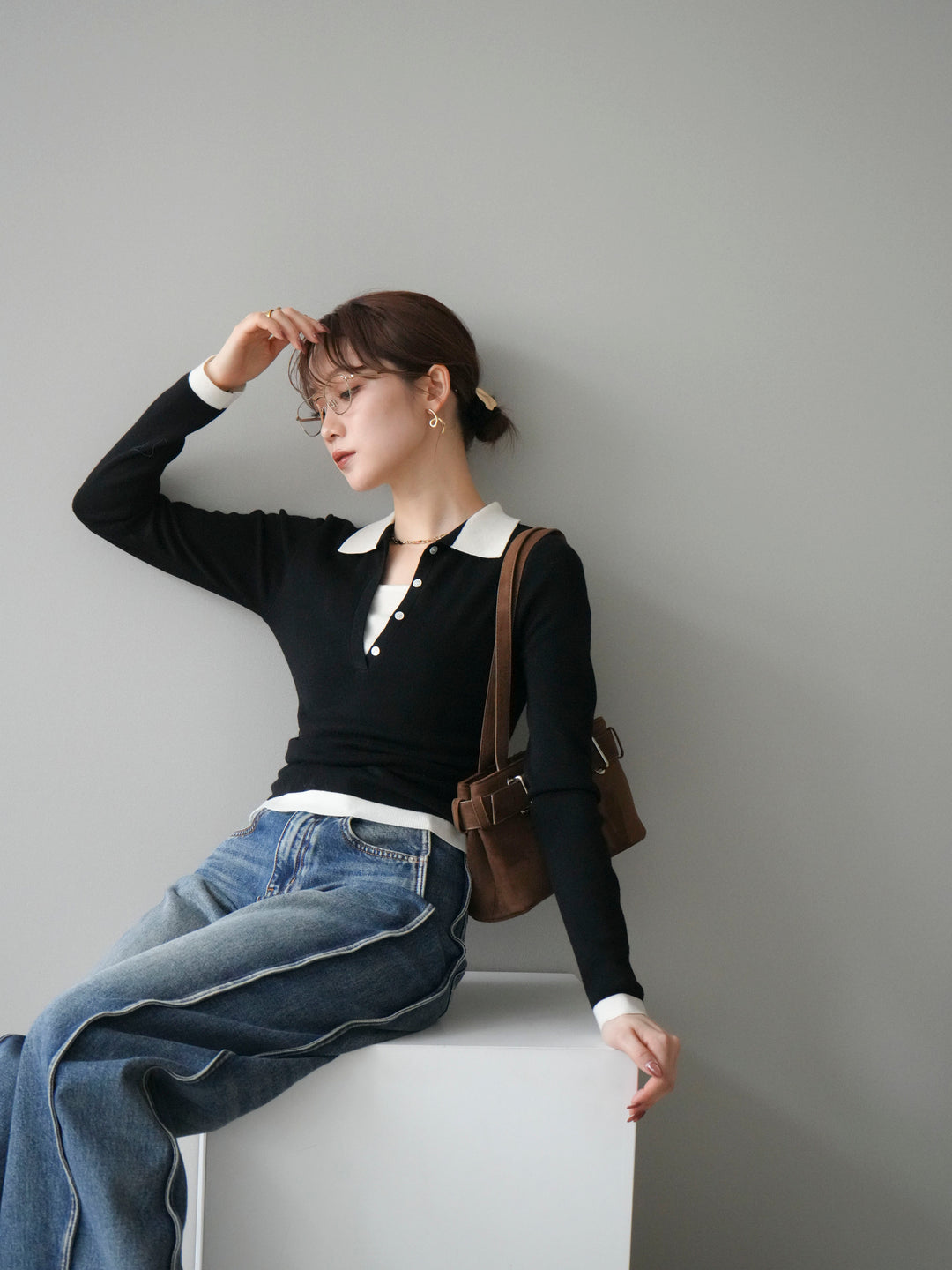 [予約]レイヤード配色ポロニットトップス/black