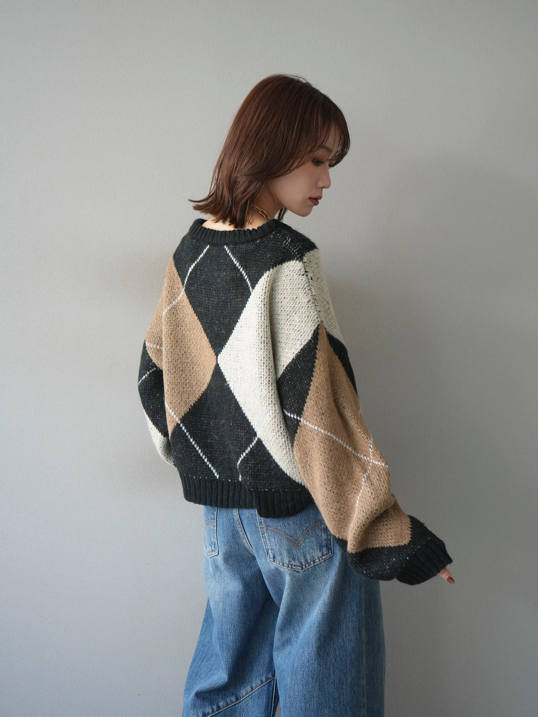 [予約]配色ステッチアーガイル柄ニットプルオーバー/black