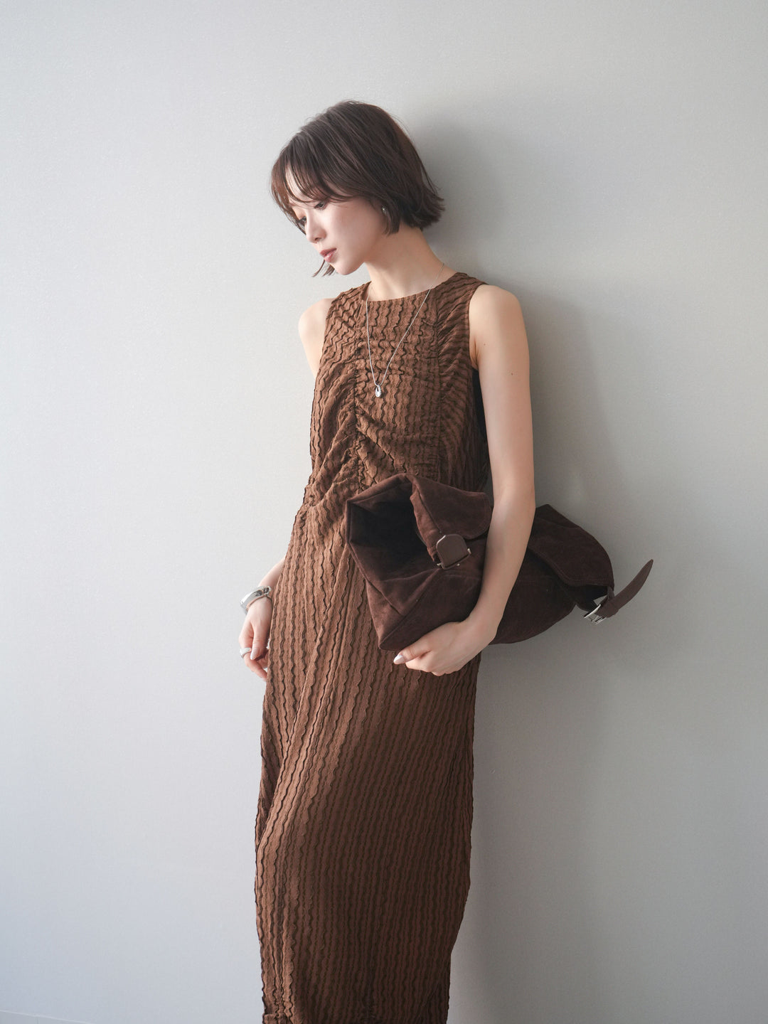 [予約]シャーリングジャガードノースリーブワンピース/brown