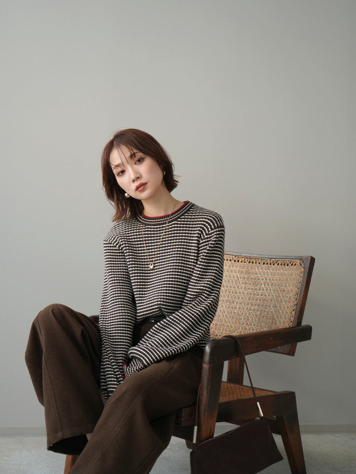 [予約]ラメ異素材ボーダーリブニットプルオーバー/brown×red