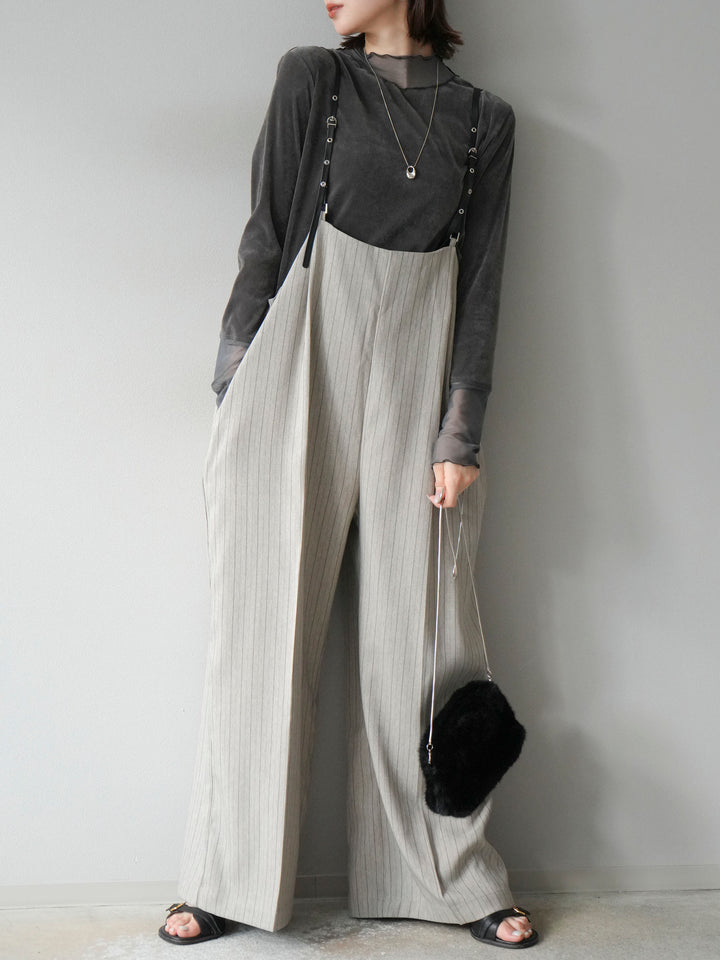 [SET]ヘリンボーンストライプサロペット+シアー切替ベロアトップス(2set)