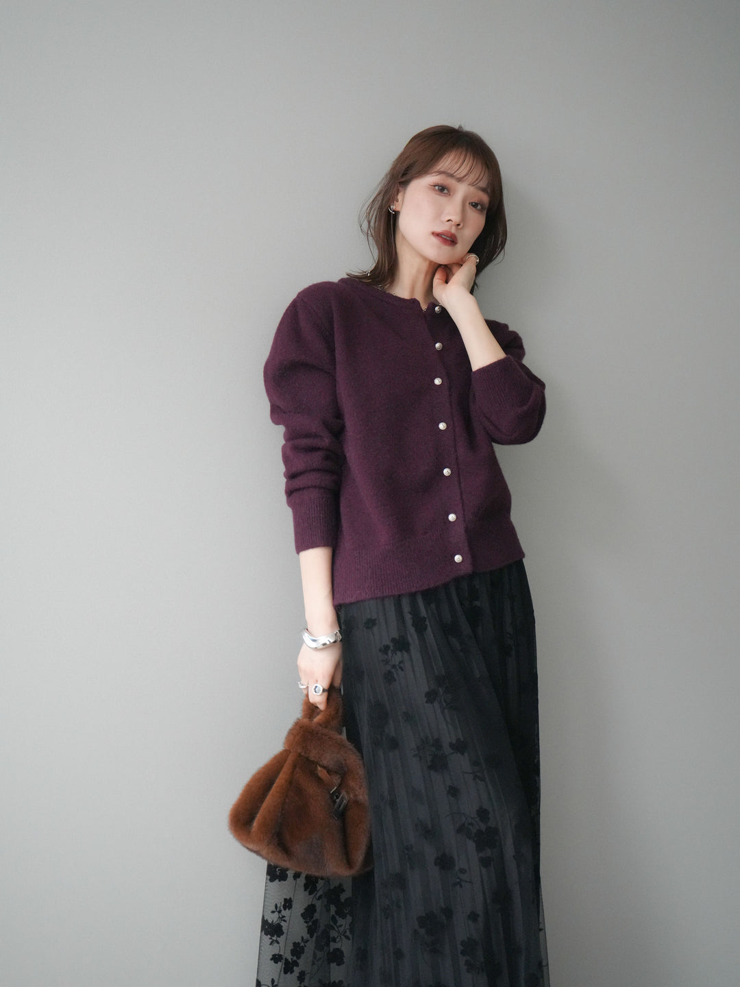 [SET]アンティークボタンニットカーディガン+選べるアクセセット(2set)