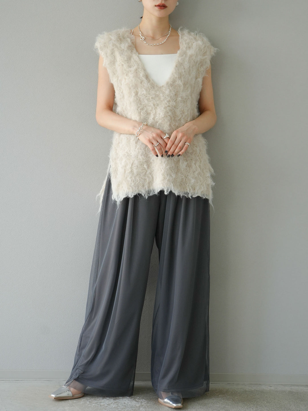 [予約]ウール混ミックスヤーンニットベスト/アイボリー