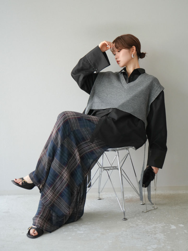 [予約]サイドリボンVネックショートニットベスト/チャコール