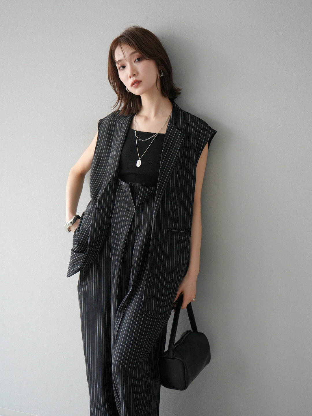 [SET]ヘリンボーンストライプジレ+ヘリンボーンストライプサロペット(2set)